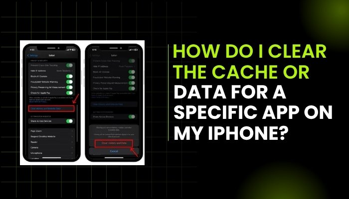 How do I clear the cache or data for a specific app on my iPhone?