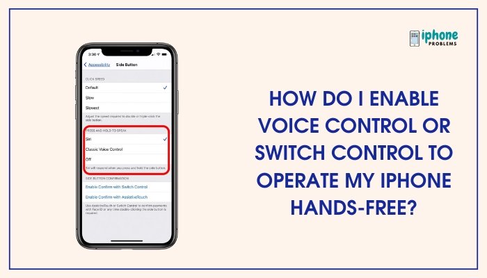 How do I enable Voice Control or switch control to operate my iPhone hands-free?