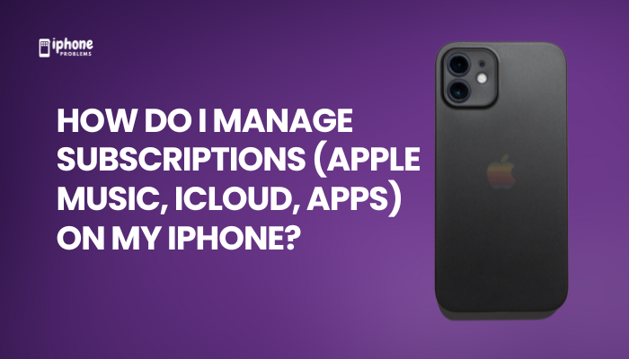 How do I manage subscriptions (Apple Music, iCloud, apps) on my iPhone?