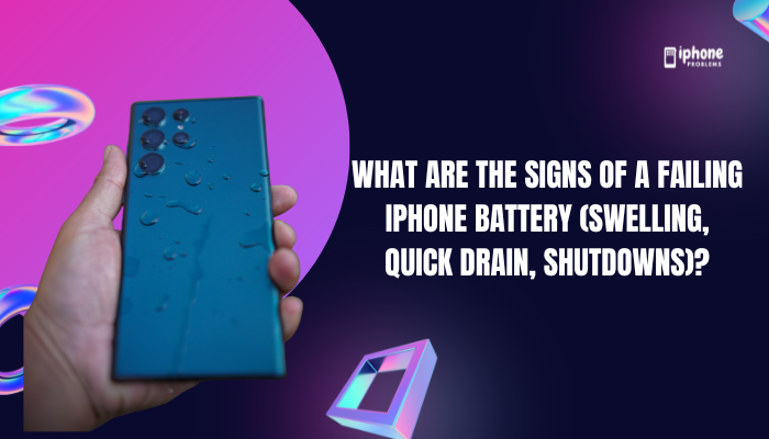 What are the signs of a failing iPhone battery (swelling, quick drain, shutdowns)?